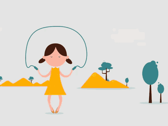 a girl in a yellow dress is jumping a jump rope with trees in the background