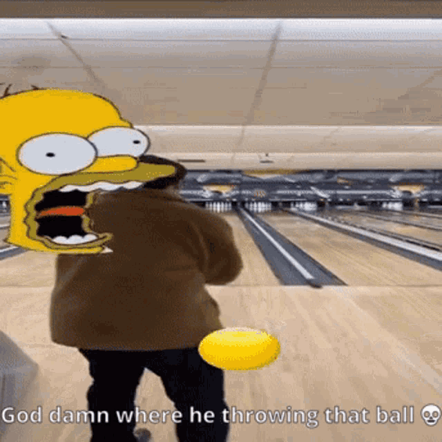 a cartoon of homer simpson throwing a ball in a bowling alley