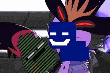 a cartoon character with a blue square with a smile on it