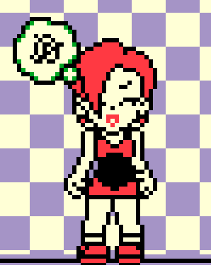 a pixel art drawing of a girl with a speech bubble with a dollar sign in it