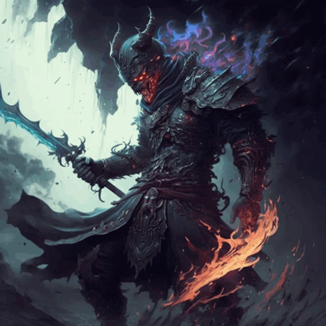 a demon with horns is holding a sword