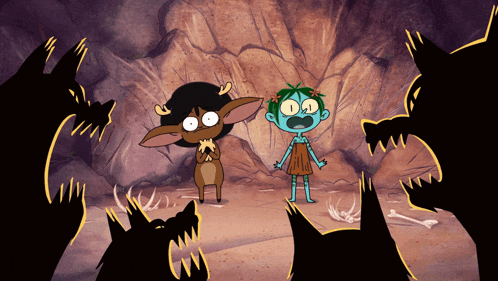 a cartoon drawing of a girl and a deer