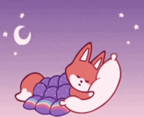 a cartoon fox is sleeping on a pillow under a purple sky