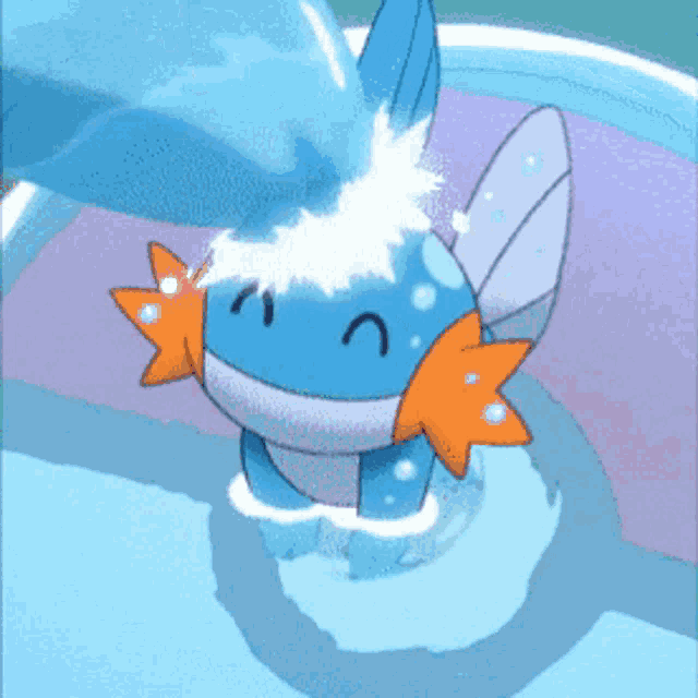 a blue and orange cartoon character is swimming in the water and smiling