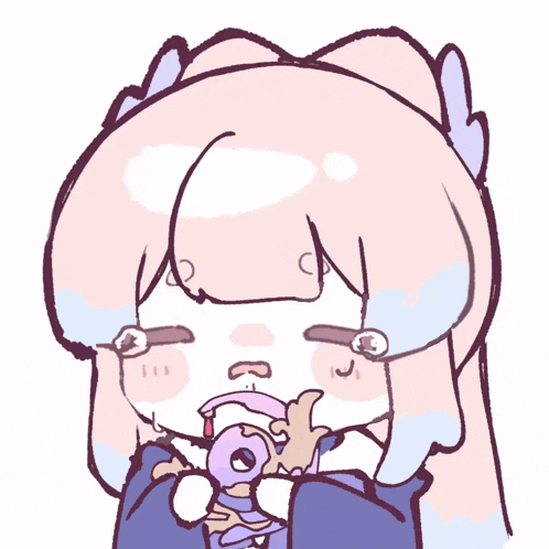 a cartoon drawing of a girl with pink hair holding a purple object