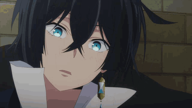 a black haired anime character with blue eyes