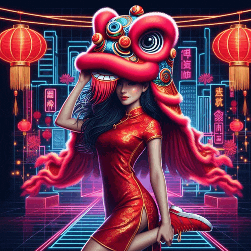 a woman in a cheongsam is wearing a lion head