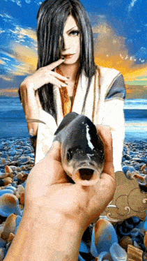 a person holding a fish in front of a woman with long hair
