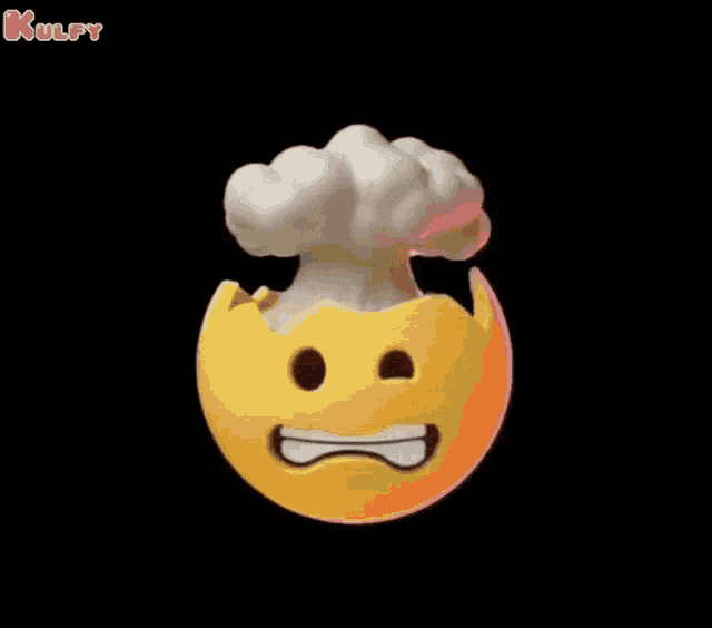 a yellow smiley face with a nuclear explosion coming out of it 's head .