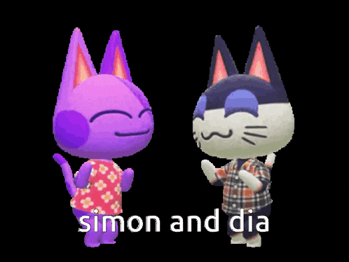 two cartoon cats are standing next to each other and the words simon and dia are above them