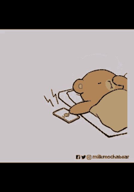 a cartoon of a teddy bear laying on a bed next to a cellphone