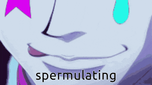 a close up of a person 's face with the words " spermulating " on it
