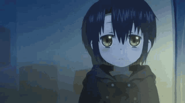 a cartoon character with black hair is standing in a dark room with his eyes closed