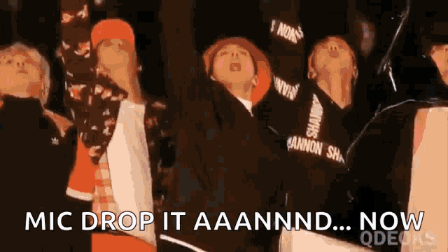 a group of people are standing in a line with the words " mic drop it aaannd ... now "