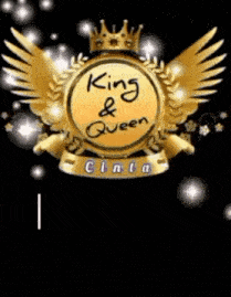 a king and queen logo with wings and a crown on a black background