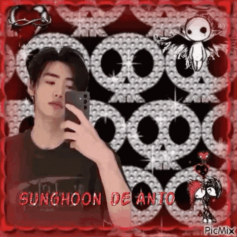 a man is taking a selfie with a cell phone in front of a red background with skulls .
