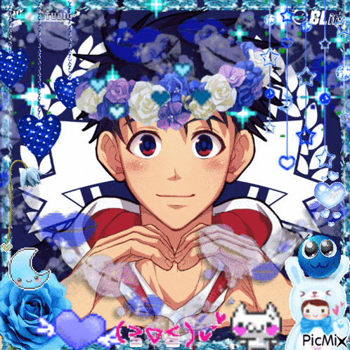 a picture of a boy with a flower crown on his head