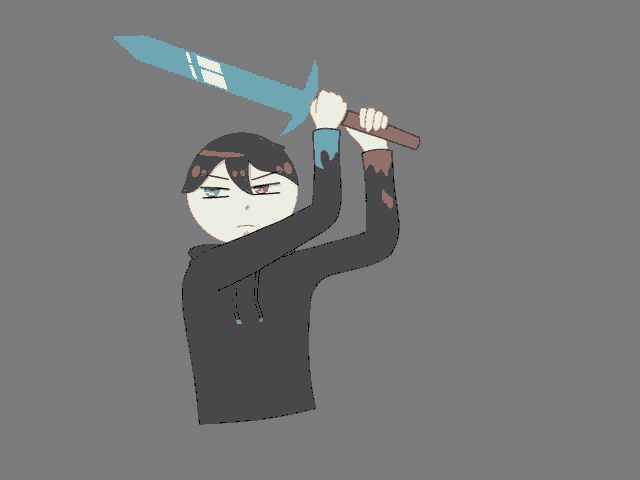 a drawing of a person holding a sword with a gray background