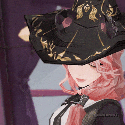a woman with pink hair wearing a black witch hat with gold embroidery