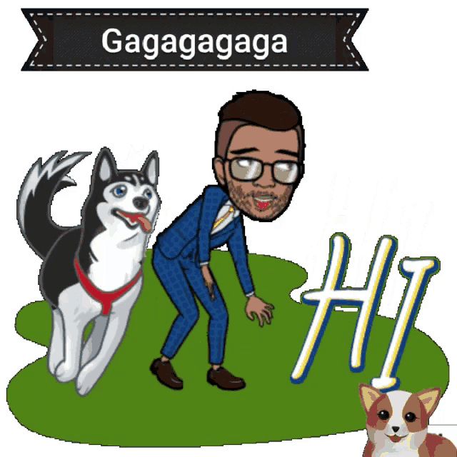 a cartoon of a man standing next to a husky dog with the words gagagaga above him