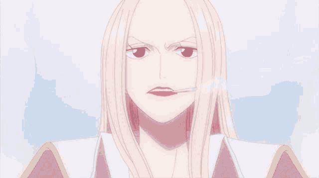 a woman with long white hair and a cigarette in her mouth