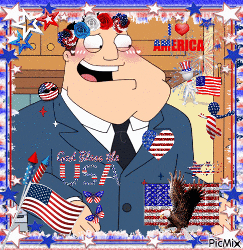 a picture of a cartoon character with the words god bless the usa on his shirt
