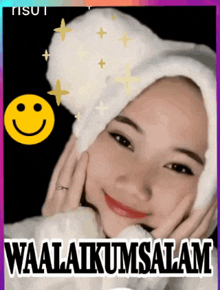 a girl wearing a white hat with a smiley face and the words waalaikumsalam