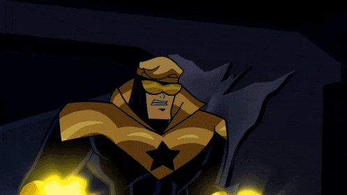 a cartoon character with a black star on his chest is holding a yellow object