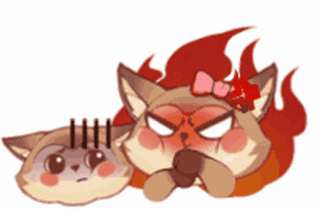 a cartoon of a cat with an angry face and a cat with a pink bow on its head