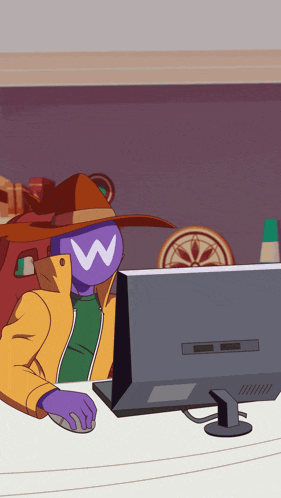 a cartoon character with a w on his face looks at a computer