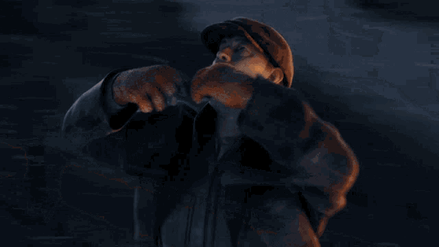 a man wearing a hat and a plaid jacket looks up at the sky