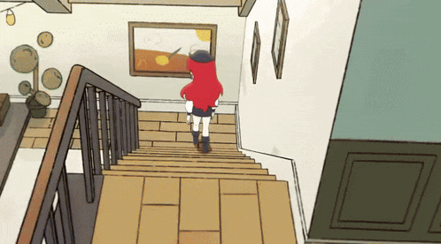 a cartoon of a girl walking up stairs with a picture on the wall behind her