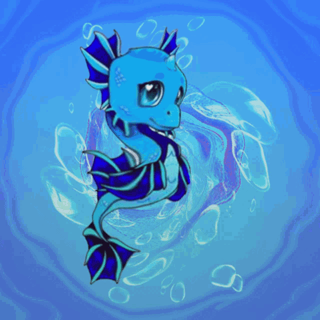 a cartoon drawing of a blue fish with a pearl in the background