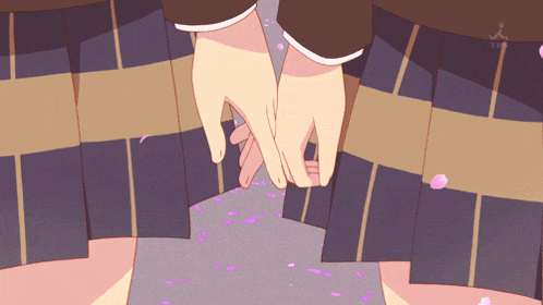 a cartoon of two girls holding hands with petals falling from the ground