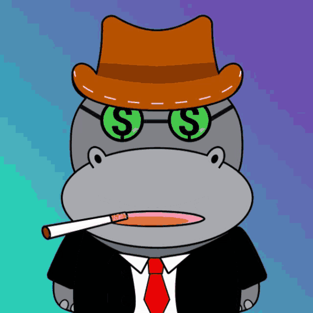 a cartoon hippo wearing a hat and sunglasses with dollar signs on his eyes is smoking a cigarette