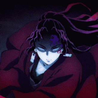a close up of a person with purple hair and a red jacket