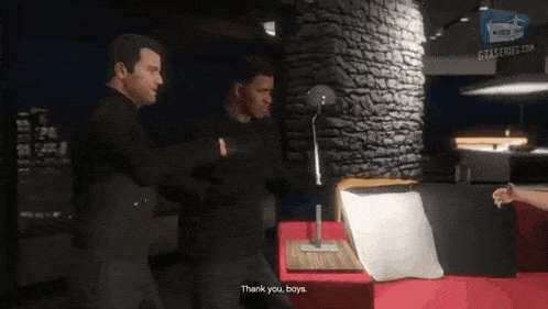 a video game scene where a man says thank you boys