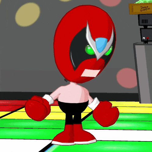 a cartoon character in a red mask and boxing gloves is standing in front of a buffet sign