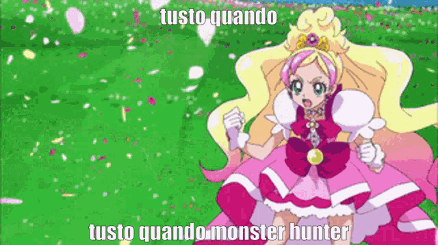 a girl in a pink dress is standing in a field of flowers and petals .