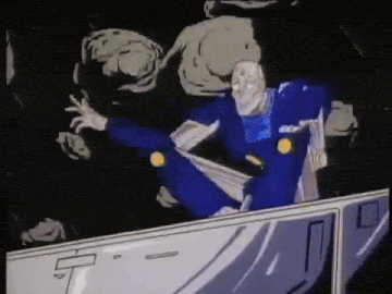 a man in a blue suit is flying through the air in a cartoon scene .