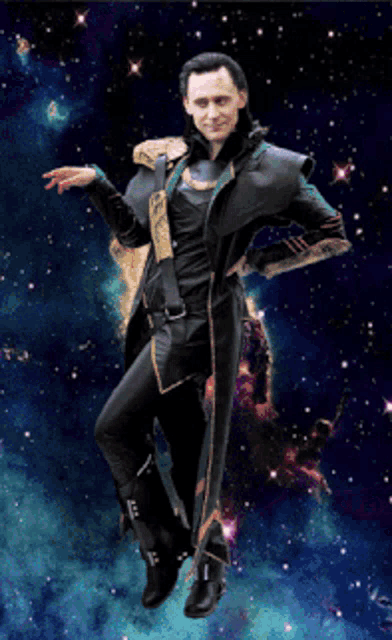 a man in a loki costume is dancing in front of a galaxy