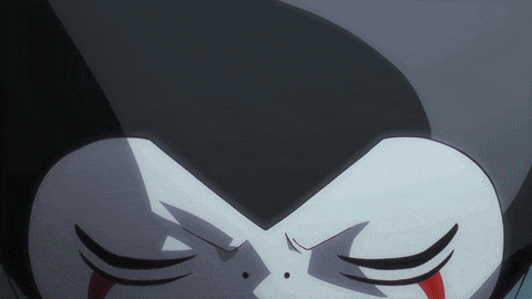 a close up of a cartoon character 's face with a black hood