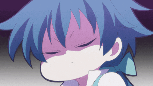 a cartoon character with blue hair making a face