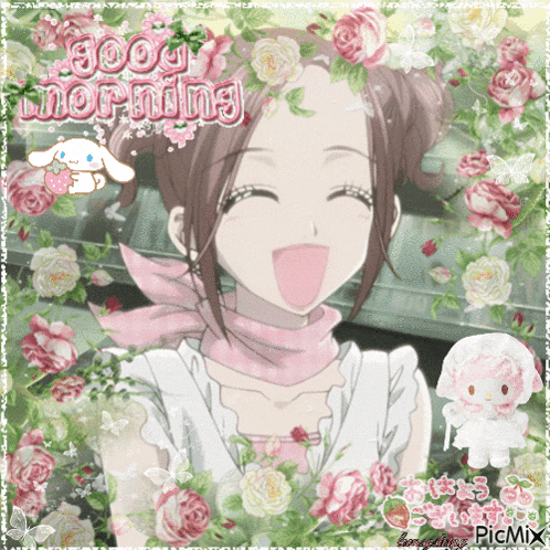 a picture of a girl with flowers and the words good morning written on it