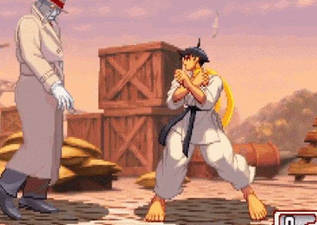 a pixel art of a man standing next to a man in a karate pose