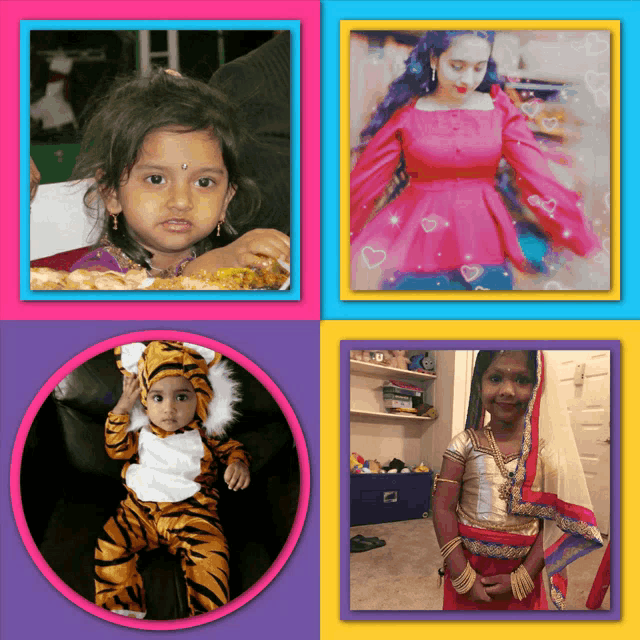 a collage of four pictures shows a little girl in a tiger costume and a woman in a red top