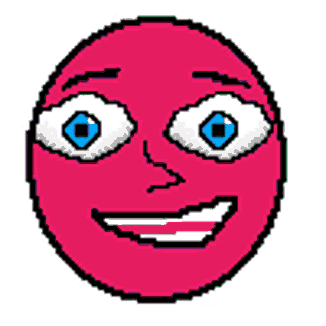 a pixel art of a purple smiley face with blue eyes and red teeth