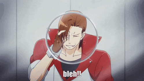 a man with a magnifying glass on his face says bleh !