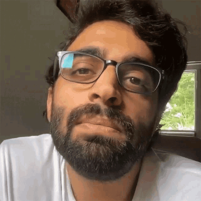 a man with a beard wearing glasses looks at the camera
