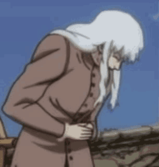 a cartoon character with white hair and a brown coat